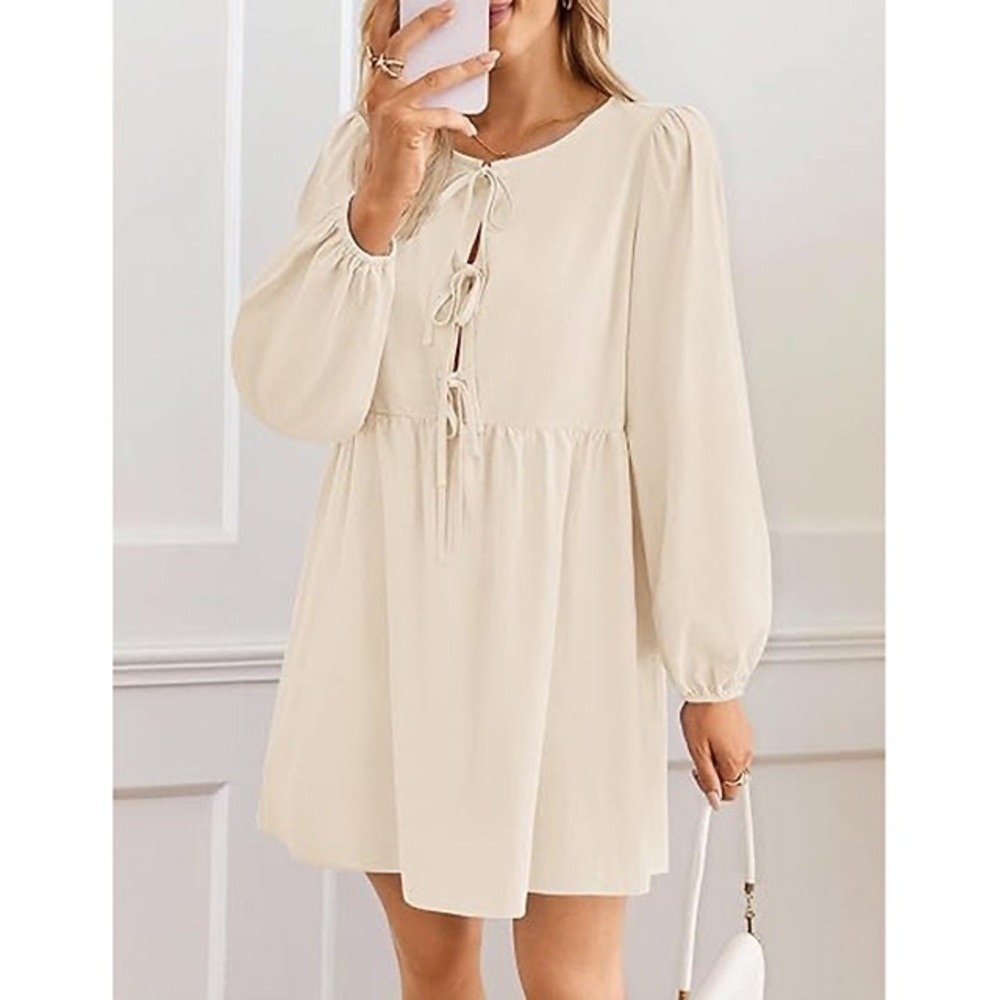 NWT Women's Dress Fall Long Puff Sleeve Self Tie Front Babydoll A Line Dress S - Picture 3 of 9
